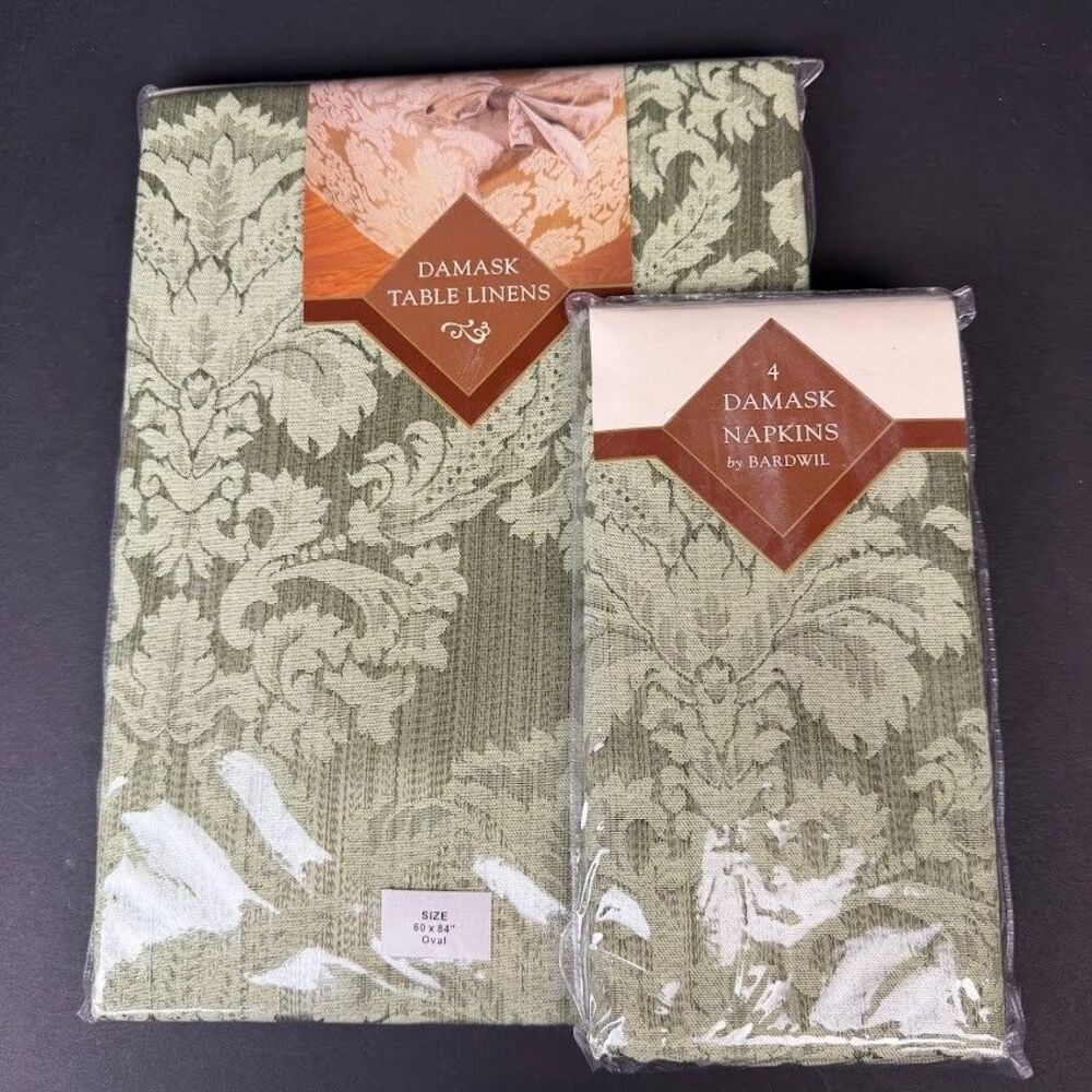 New VTG Bardwil Sage/Olive Green Damask 60x84" Oval Tablecloth & 4 Cloth Napkins